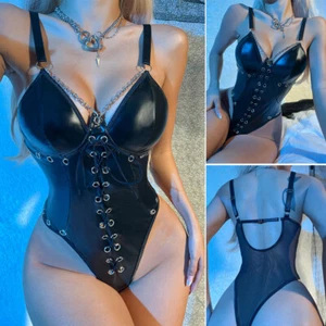 Sexy Lencería Babydoll de Cuero PU para Mujeres Club Fiesta Ropa Body Prendas para dormir Negro - Imagen 1 de 13