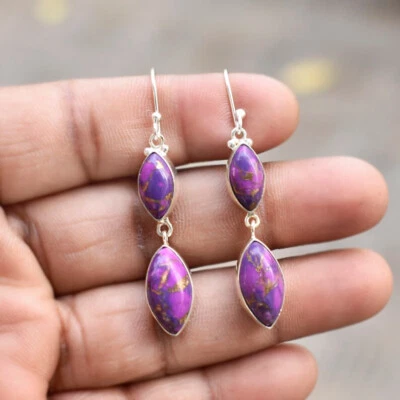 Viola Rame Gemma Pietra Turchese 925 Argento Sterling Artigianale Orecchino S-43 - Immagine 1 di 4
