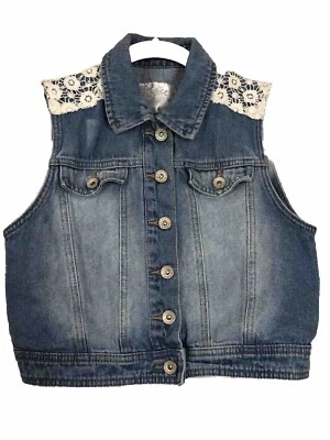 Justice Girls Denim Blue Jean Vest Sleeveless Crochet Accent Detail Size 12/14 - Image 1 of 3