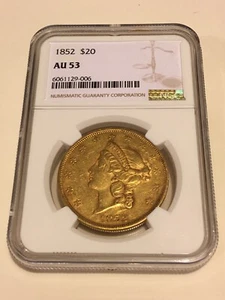 1852 AU53 NGC Liberty Double Eagle $20 Gold Coin nice details eyeclean (no PCGS) - Picture 1 of 2