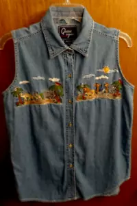 Camicia senza maniche vintage Quizz Again blu denim ricamato animali donna S 38" ch - Foto 1 di 4