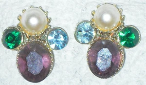 VINTAGE SILVER TONED CLIP-ON EARRINGS WITH MULTI COLORED, SHAPED STONES - Picture 1 of 3