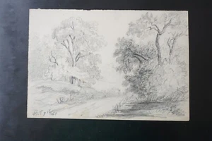 BEAU DESSIN CRAYON ORIGINAL XIX° PAYSAGE FORET ARBRE MAISON ECOLE FRANCAISE - Foto 1 di 8