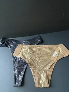 Skims Damen Unterwäsche Gr. 4X Metallic Gold/Schwarz Tanga/Slip Stretch (2) Neu - Bild 1 von 11