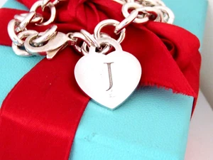 Tiffany & Co Silver Alphabet Letter J Heart Charm Pendant Bracelet 7.5" - Picture 1 of 5