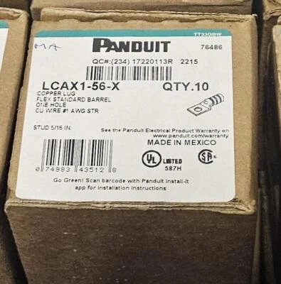 (10) New Panduit LCAX1-56-X Compression Copper Lug 1 AWG / 5/16" Hole - Image 1 of 3