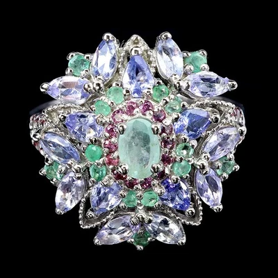 Anillo de plata de ley 925 ovalado esmeralda rodolita tanzanita piedras preciosas tamaño de joyería  Foto 1 de 4