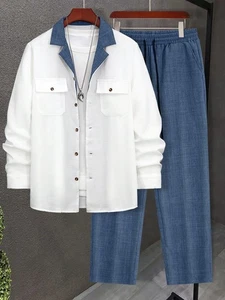 Men's 2 Piece Set Long Sleeve Shirt & Pants | Casual Regular Fit Tracksuit - Picture 1 of 6
