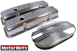 SBC Chevy Polished Aluminum Finned Valve Covers 15" Air Cleaner Kit 283 350 - Picture 1 of 5