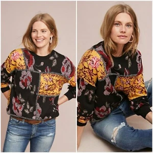 Anthropologie Laia Pullover Damen XS schwarz Blumen Tabatha Patchwork Stich Fransen - Bild 1 von 9
