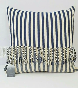 Decorative Feather Pillow Blue Fringe Cabana Stripe 20 x 20 Coastal Beachy NEW - Picture 1 of 6