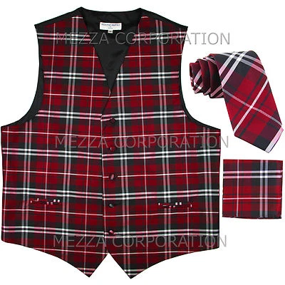 New Vesuvio Napoli Men's plaid Tuxedo Vest_2.5" Self Tie Necktie & Hankie Red - Image 1 of 4