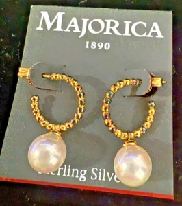 MAJORICA SPAIN GOLD OVR STERLING SILVER VERMEIL EARRINGS PEARL NEW - Picture 1 of 7