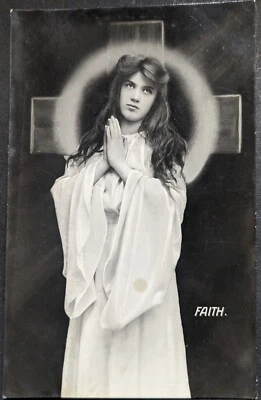 FAITH Beautiful Woman / Girl, Heart Halo & Dove, Real Photo Edwardian Postcard - Image 1 of 4