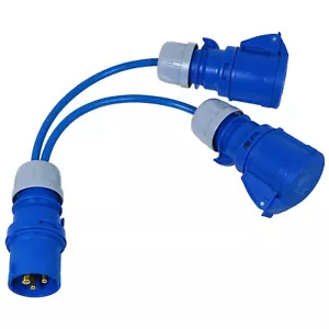 16A Splitter Cable 240V Caravan 2 Way Hook Up Y Piece 2 x 16 Amp Sockets BLUE - Picture 1 of 12