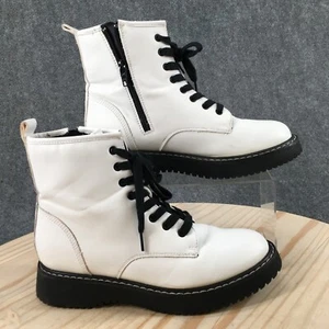 Madden Girl Combat Boots Womens 8M Kurrt White Faux Leather Mid Calf Lace Up Zip - Picture 1 of 18