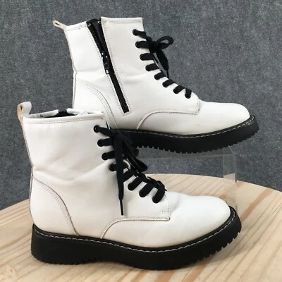 Madden Girl Combat Boots Womens 8M Kurrt White Faux Leather Mid Calf Lace Up Zip - Image 1 of 4