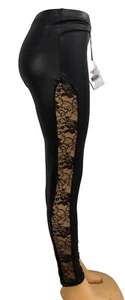 NWT Darque By Coquette Black Wetlook Leggings With Lace Size Large Halloween - Picture 1 of 5