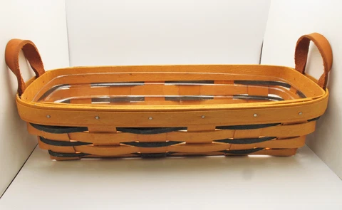 Longaberger 2000 Rectangular Bread Basket w/ protector, leather handles 11.5 in Cover