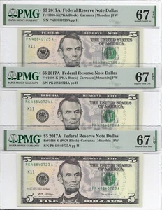 2017A $5 DALLAS FRNs. 3 Consecutive PMG Superb Gem Uncirculated 67 EPQ Banknotes - Picture 1 of 7