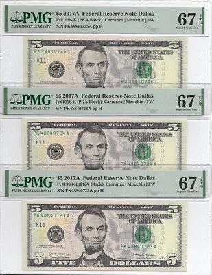 2017A $5 DALLAS FRNs. 3 Consecutive PMG Superb Gem Uncirculated 67 EPQ Banknotes - Image 1 of 4