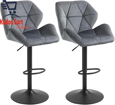 Velvet Bar Stools 2 Set Pair Footrest Chair Adjust Swivel Grey Kitchen Breakfast - Image 1 of 4