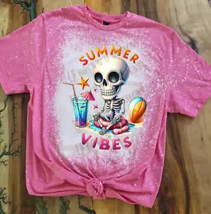 FASHION WOMAN'S UNISEX "Summer Vibes" Bleached Custom T-shirt Design Graphic - Picture 1 of 8