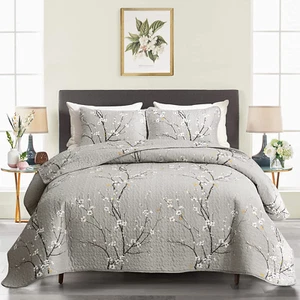 3 Piece Reversible Quilt Set Gray Branch King Size 102X88 Soft Microfiber Lightw - Picture 1 of 10