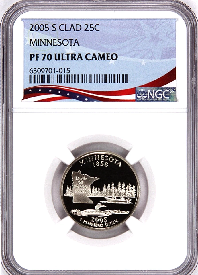 2005-S Proof State Quarter, Minnesota,  PF70 Ultra Cameo NGC, Patriotic Label - Image 1 of 4