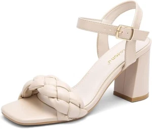 Greatonu Women's Braided Heeled Sandals Square Open Toe Summer Block Heels Dress - Picture 1 of 6