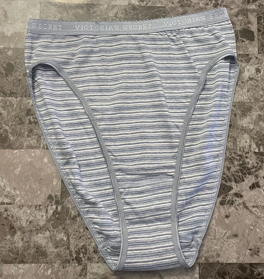 VICTORIA'S SECRET L BLUE STRIPE 100% COTTON VINTAGE RARE HI LEG BRIEF PANTIES - Image 1 of 4