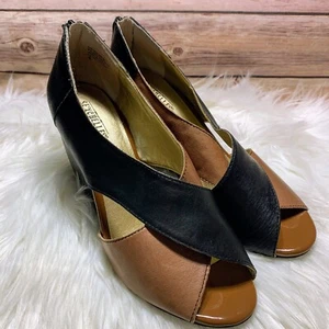 Seychelles Women’s Wedge Sandals Peep Toe Leather Shoes Black Brown Size 8 - Picture 1 of 5