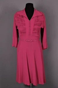 VTG Women's 40s Pink / Magenta Shirtwaist Style Rayon Dress Sz L 1940s - Picture 1 of 11