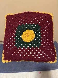 Vintage Cottage Core Handmade Crochet Throw Pillow maroon, yellow, green 16x16" - Picture 1 of 4