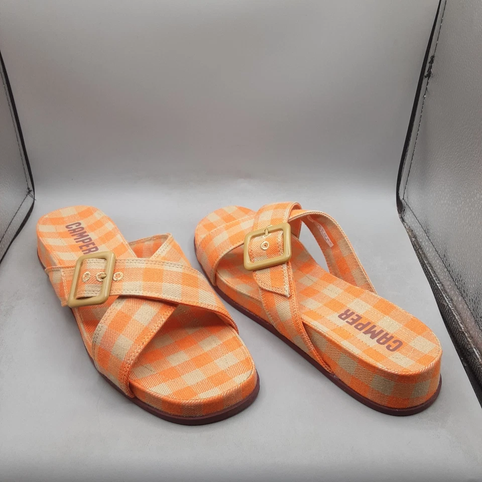 Женские сандалии-шлепанцы Camper Atonik крест-накрест 11 М оранжевые разноцветные клетчатые A152 - Изображение 1 из 4