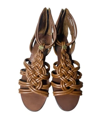 Сандалии Tory Burch коричневые кожаные плетеные на танкетке Constance туфли с золотым логотипом 9 M - Изображение 1 из 4