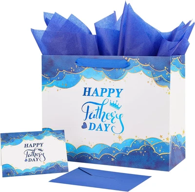 Bolsa de regalo grande de 12,6" feliz día del padre con tarjeta y papel de seda (azul y blanco Foto 1 de 4