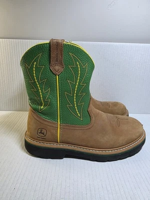 JOHN DEERE Brown Green Leather Western Country Cowboy Boots Youth Sz 5.5M JD3166 - Image 1 of 4