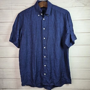 Camisa Eton Contemporánea de Lino Para Hombre Talla M Azul Manga Corta Con Botones Informal  - Imagen 1 de 8