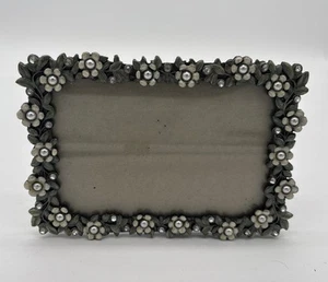 Enamel Silver Tone 4"x6" Picture Frame Faux Pearl Flowers Rhinestones - Picture 1 of 10