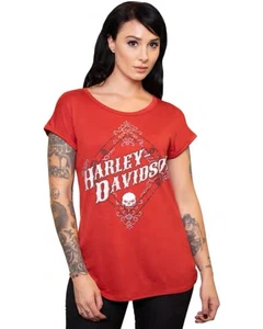 Harley-Davidson Women Red Saloon Filigree Tee WILLIE G Skull Rhinestone Bling M - Picture 1 of 11
