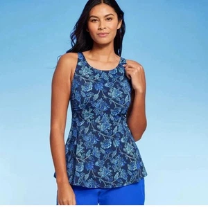 Lands' End Blue Floral High Neck Flutter Hem Long Tankini Swim Top Sz 14 - Picture 1 of 2
