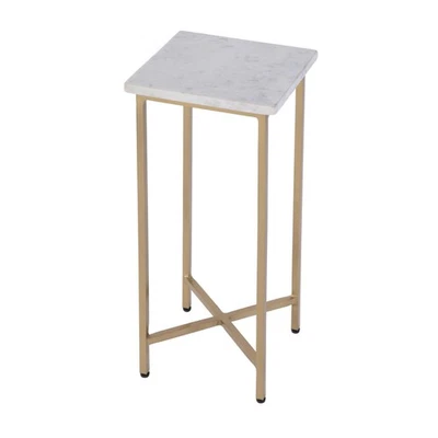 21" White and Gold Distressed Marble and Iron Square End Table - Image 1 of 4