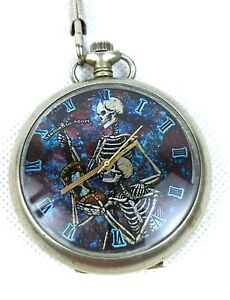 Antique MEMENTO MORI Skull Pocket Watch Fancy Enamel Skeletons Love Dial