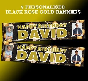 Personalised 2 Photo banners gold black Birthday party balloons all occasion 