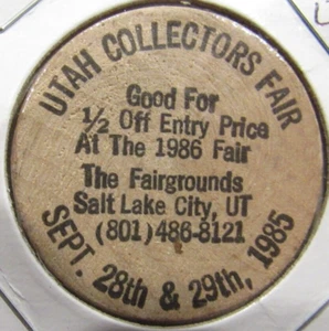 1985 Utah Collectors Fair Salt Lake City, Utah Wooden Nickel - Token UT - Picture 1 of 2