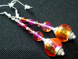 Vintage Look Dangly Long Bi Colour Glass Crystal Earrings + Free Secret Pair - Picture 1 of 7