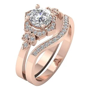 VS F 1.30 Carat Lab Grown Diamond Bridal Halo Engagement Ring Set 10k Rose Gold - Picture 1 of 9