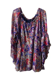 New Direction Top Damen Plus 3X rot blau Paisley gefüttert Chiffon Boho Bauer gebraucht, in einwandfreiem Zustand - Bild 1 von 10