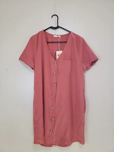 Entro Womens L Shirt Dress Coral Pink Button Up Short Sleeve Casual Office NWT - Picture 1 of 5
